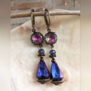 Victorian Rustic Mettalic Blue & Volcano Glass Flower Dangle Earrings On Brass